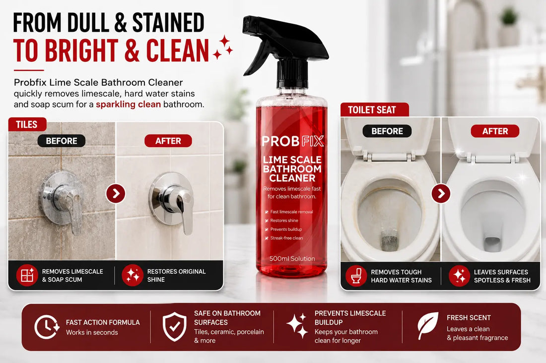 PROBFIX Limescale Bathroom Cleaner 500ml spray bottle for removing limescale, soap scum and hard water stains from bathroom surfaces