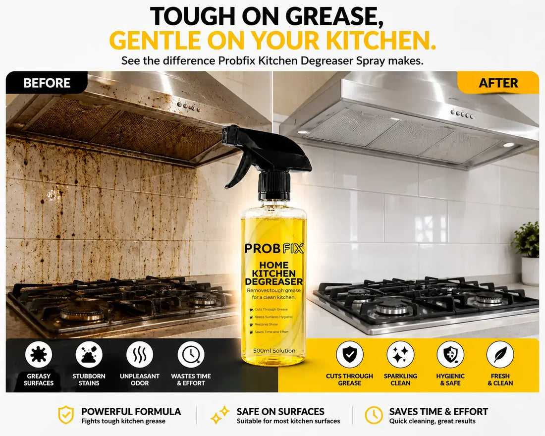 A 500ml bottle of PROB FIX Home Kitchen Degreaser with a black trigger spray cap and a yellow liquid inside, shown on a plain white background.