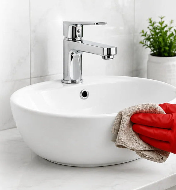 Wiping a chrome faucet clean with a cloth