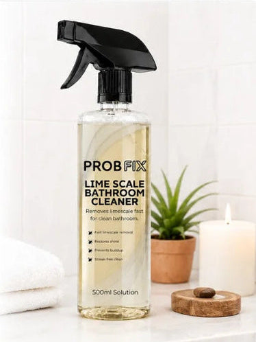 ProbFix Lime Scale Bathroom Cleaner bottle beside a plant and towel