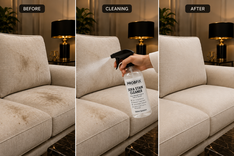 Before and after using ProbFix Sofa Stain Cleaner on a fabric sofa