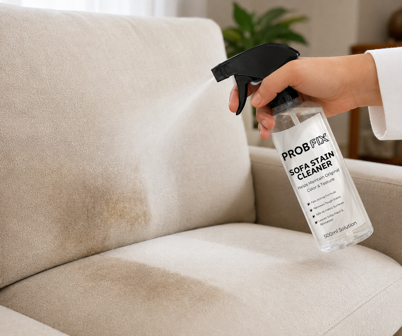 Blotting a stain on a fabric sofa with a microfiber cloth