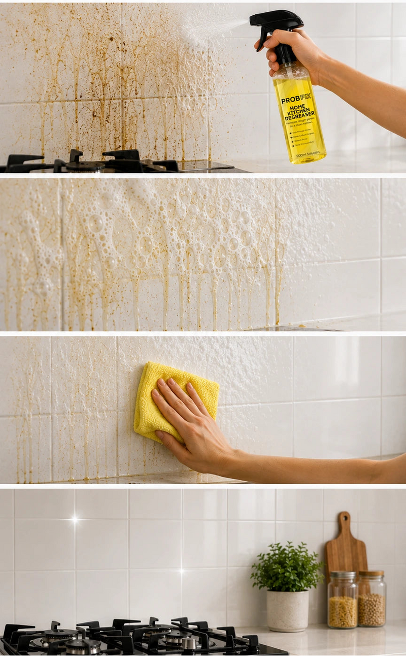 Spraying ProbFix Home Kitchen Degreaser onto a kitchen surface