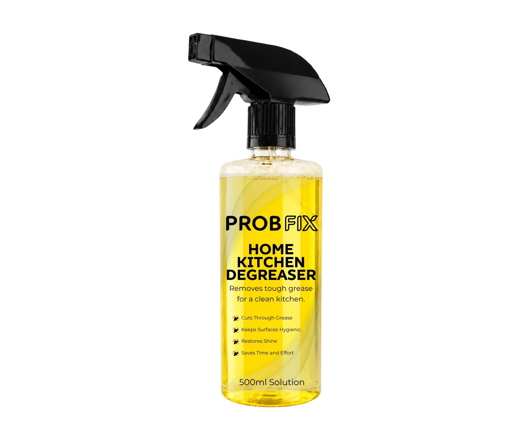 A 500ml bottle of PROB FIX Home Kitchen Degreaser with a black trigger spray cap and a yellow liquid inside, shown on a plain white background.