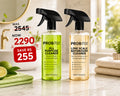 Two Probfix Bathroom Deep Clean spray bottles shown in a promotional bundle: one yellow-green cleaner and one red cleaner, with a folded cloth and scrub brush on a light surface. Large text advertises the bundle and price savings.