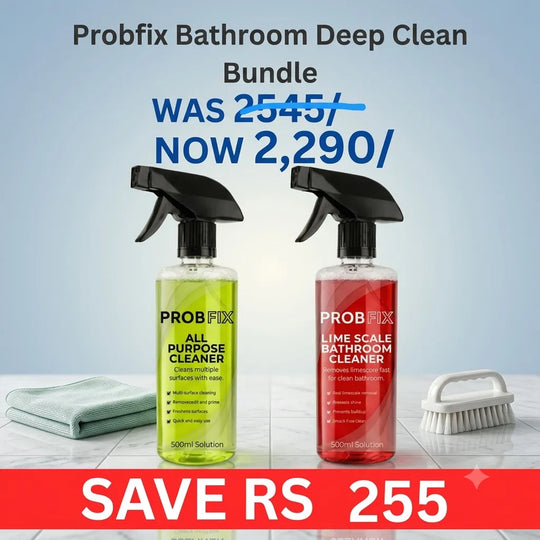 Two Probfix Bathroom Deep Clean spray bottles shown in a promotional bundle: one yellow-green cleaner and one red cleaner, with a folded cloth and scrub brush on a light surface. Large text advertises the bundle and price savings.