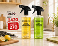 Two bottles of Probfix Kitchen Care Bundle cleaners displayed in a kitchen setting, with promotional text overlays showing the bundle price and savings.