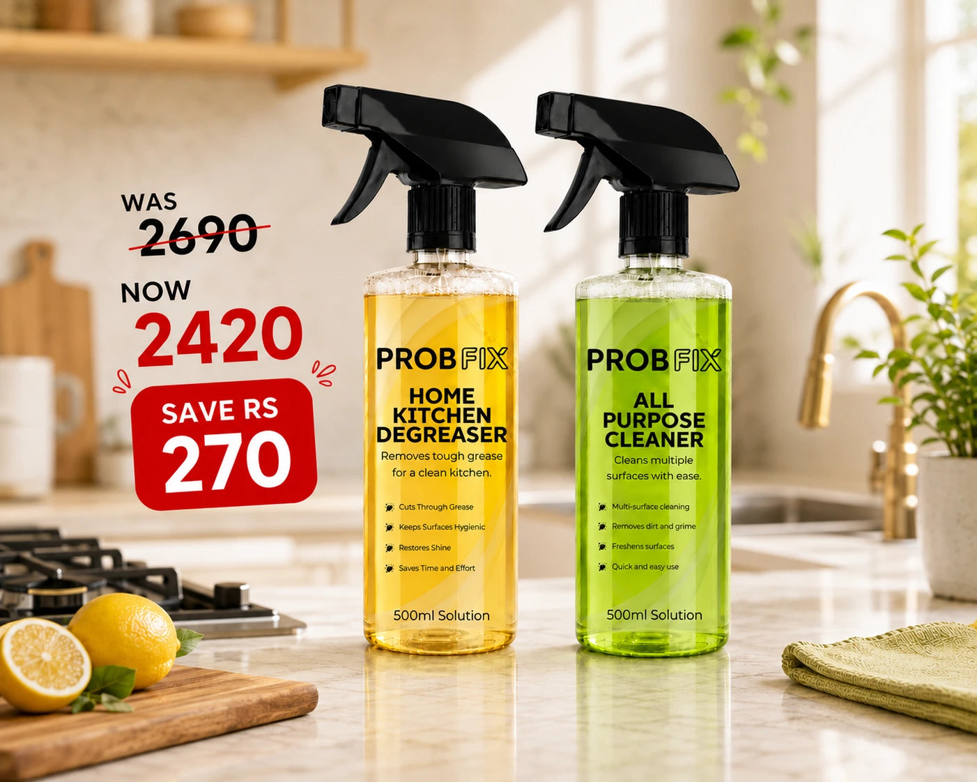 Two bottles of Probfix Kitchen Care Bundle cleaners displayed in a kitchen setting, with promotional text overlays showing the bundle price and savings.