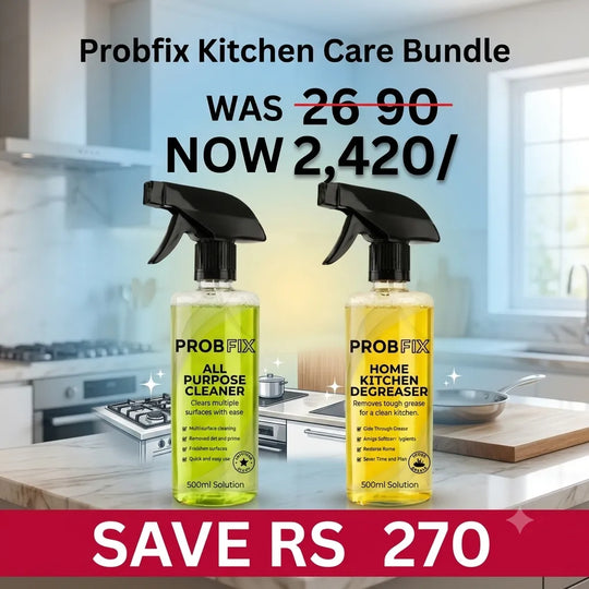 Two bottles of Probfix Kitchen Care Bundle cleaners displayed in a kitchen setting, with promotional text overlays showing the bundle price and savings.
