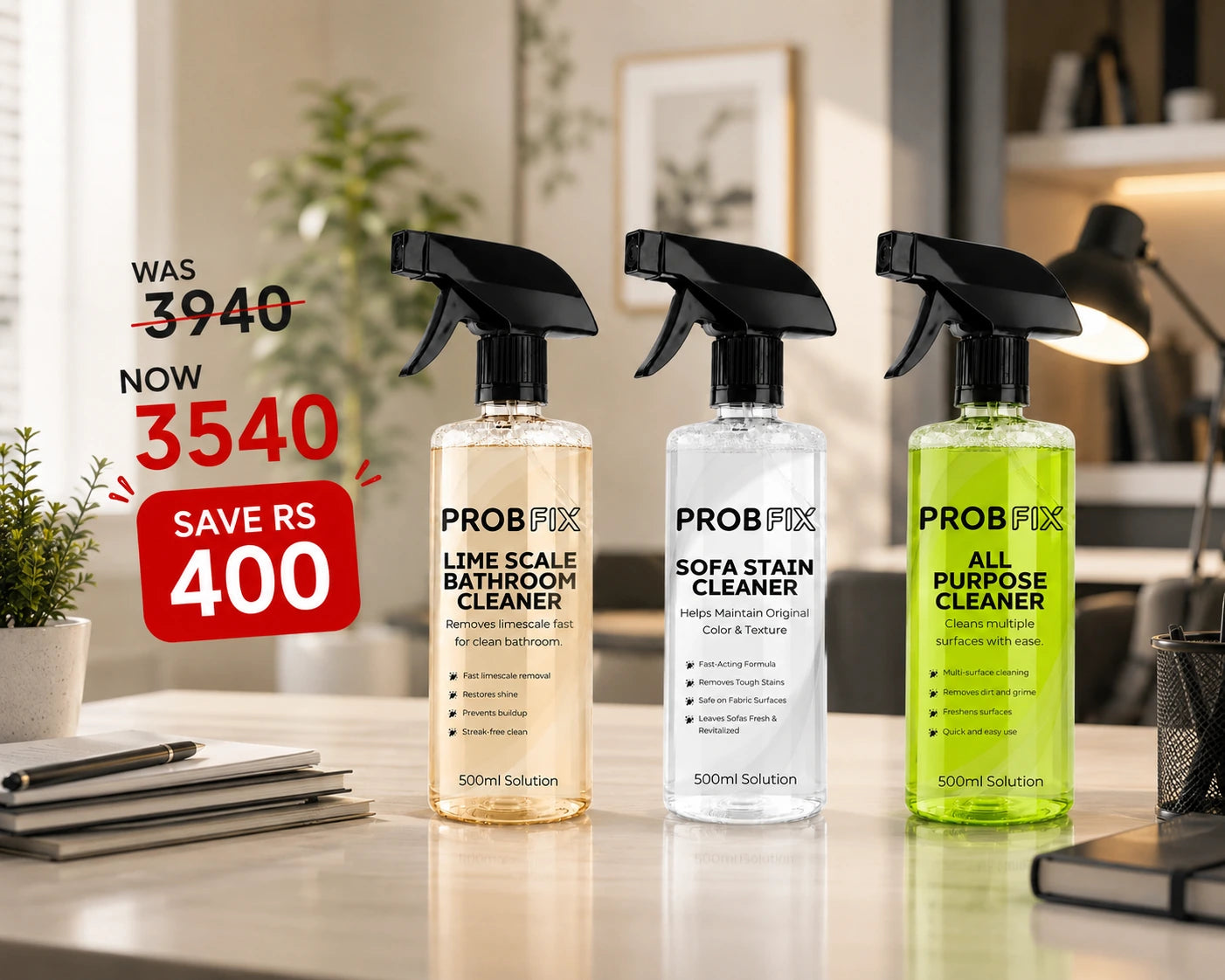 Three spray bottles of PROBFIX Office Cleaning Bundle displayed on a marble background with promotional text overlays.