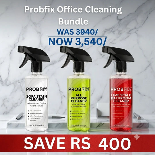 Three spray bottles of PROBFIX Office Cleaning Bundle displayed on a marble background with promotional text overlays.