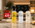 Three Probfix cleaning spray bottles displayed against a light blue gradient background with promotional text. The bundle includes Probfix Sofa Stain Cleaner, Wall Cleaner, and Home Kitchen Degreaser, with a red banner at the bottom reading 'SAVE RS 420'.