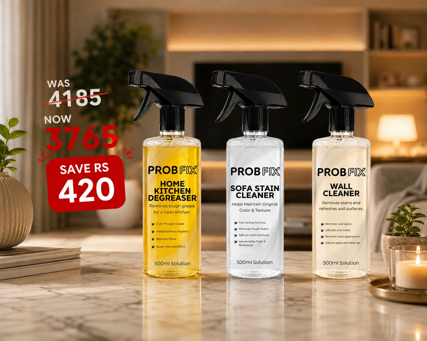 Three Probfix cleaning spray bottles displayed against a light blue gradient background with promotional text. The bundle includes Probfix Sofa Stain Cleaner, Wall Cleaner, and Home Kitchen Degreaser, with a red banner at the bottom reading 'SAVE RS 420'.