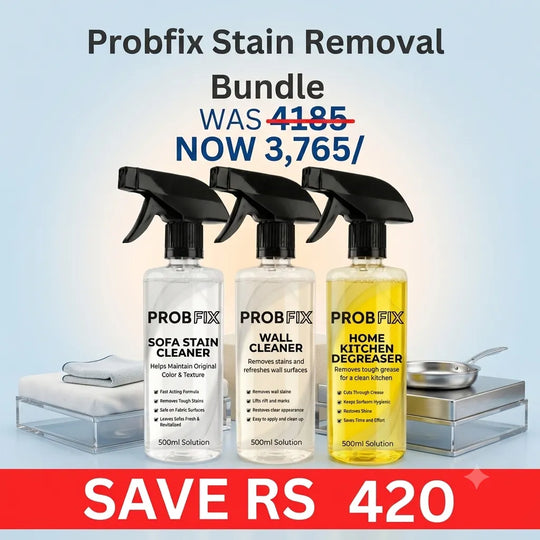 Three Probfix cleaning spray bottles displayed against a light blue gradient background with promotional text. The bundle includes Probfix Sofa Stain Cleaner, Wall Cleaner, and Home Kitchen Degreaser, with a red banner at the bottom reading 'SAVE RS 420'.