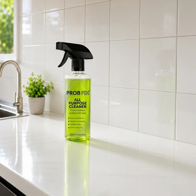 Bottle of Prob Fix All Purpose Cleaner on a kitchen counter with tiled wall in the background