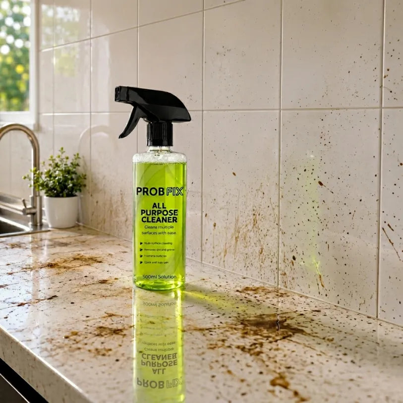 A bottle of PROBPROX All Purpose Cleaner with bright yellow-green liquid and a black spray trigger, standing on a stained beige kitchen countertop against a tiled wall.