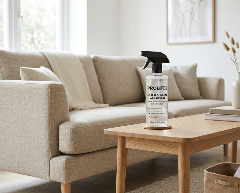 ProbFix Sofa Stain Cleaner bottle beside a fabric sofa