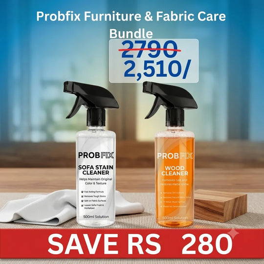 Two Probfix furniture and fabric care cleaner bottles displayed on a tabletop with a blurred indoor background. The bundle includes a white bottle labeled 'Sofa Stain Cleaner' and an orange bottle labeled 'Wood Cleaner,' with a red banner at the bottom reading 'SAVE RS 280' and a blue price overlay showing 'Bundle 2,510/-' crossed out with '2,790.
