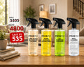 Four spray bottles of PROBFIX home cleaning products displayed together against a blurred kitchen background, with promotional text reading 'Probfix Complete Home Cleaning Bundle' and 'SAVE RS 535'. The bottles contain red, yellow-green, yellow, and clear liquids and are labeled for bathroom, kitchen, all-purpose, and wall cleaning.