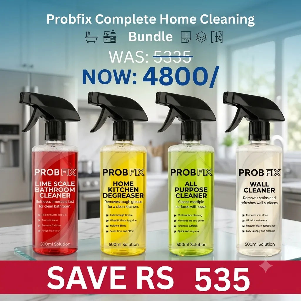 Four spray bottles of PROBFIX home cleaning products displayed together against a blurred kitchen background, with promotional text reading 'Probfix Complete Home Cleaning Bundle' and 'SAVE RS 535'. The bottles contain red, yellow-green, yellow, and clear liquids and are labeled for bathroom, kitchen, all-purpose, and wall cleaning.